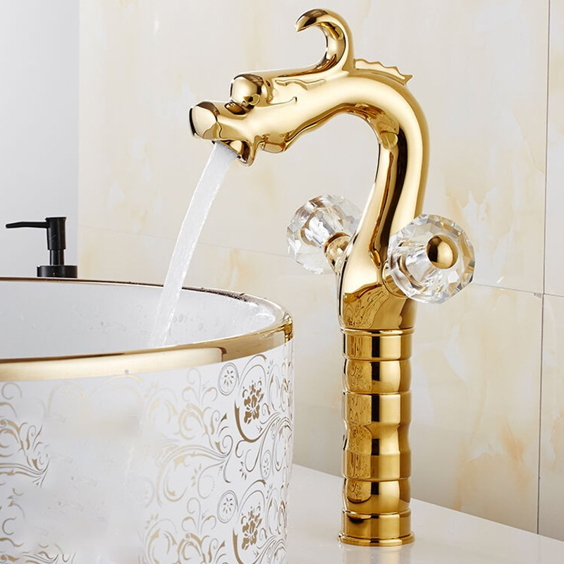 Dragon Shaped Single Hole Crystal Dual Handles Mixer Deck Mounted Lavatory Bathroom Taps Gold Basin Sink Faucet