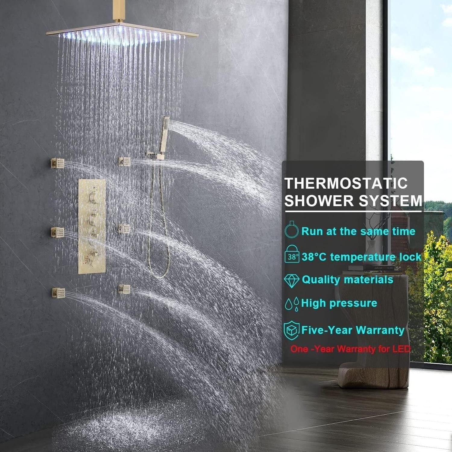 Luxury 16inch Ceiling LED Shower Jets System Brushed Gold Rainfall Thermostatic Shower Faucet Set with 6pcs Full Body Spray Jets