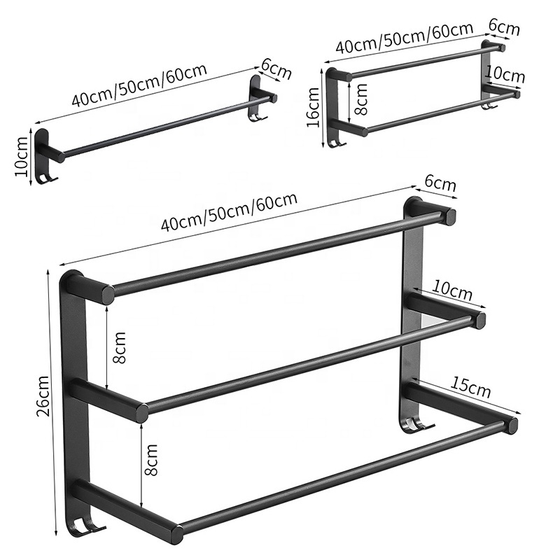 Aluminium chrome towel rack three-layer matt black towel holder bathroom shelf rack