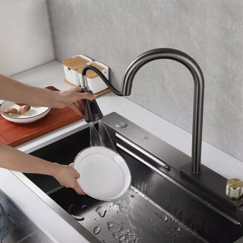 high quality single bowl Kitchen Sink 304 Stainless Steel Handmade Above Mount Waterfall Faucet Farmhouse Kitchen Sinks