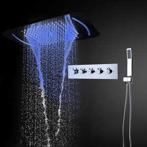 Villa project colorful ceiling big size overhead SS304 rainfall waterfall mist shower head rain shower system set with led light