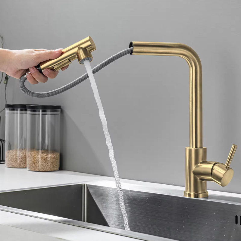 modern 304ss stainless steel brushed gold pull out kitchen faucet sink mixer tap