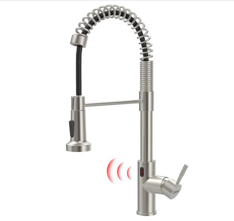 Brushed Nickel Kitchen Faucet with Pull Down Sprayer, Sensor Smart Hands-Free Activated Single Hole Spring Faucet for Kitchen