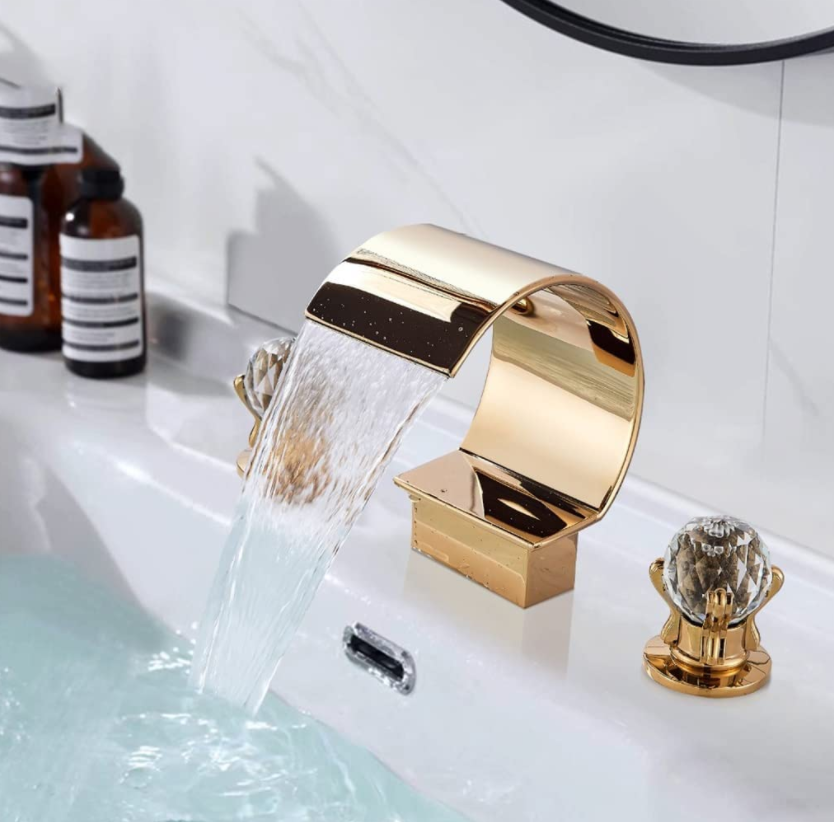 Upwards Widespread Gold Rozin Arc Waterfall Spout Bathtub Filler Faucet 2 Crystal Knobs Vanity Basin Mixer Tap