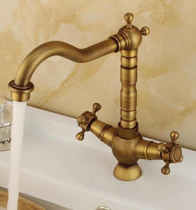 European style household Dual Handle hot and cold water basin faucet retro spiral antique Copper brass kitchen faucet