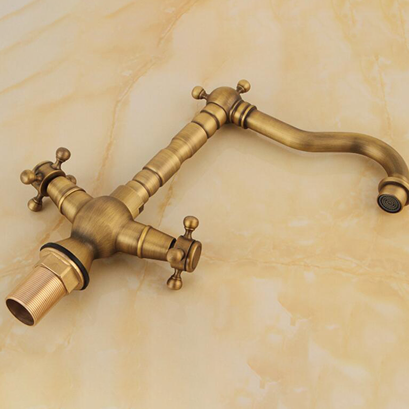 European style household Dual Handle hot and cold water basin faucet retro spiral antique Copper brass kitchen faucet