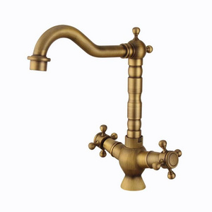 European style household Dual Handle hot and cold water basin faucet retro spiral antique Copper brass kitchen faucet