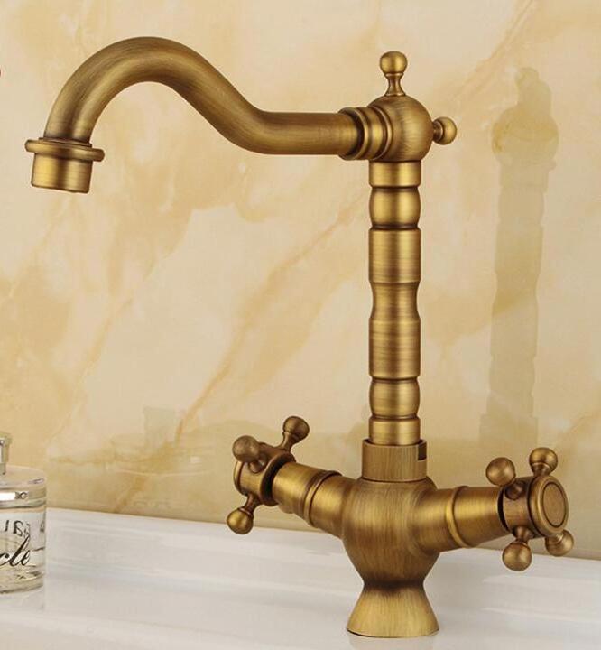 European style household Dual Handle hot and cold water basin faucet retro spiral antique Copper brass kitchen faucet