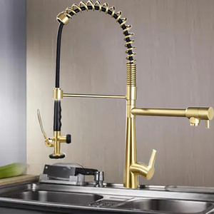 Kitchen Faucets with Pot Filter Pull Down Sprayer-Brushed Gold Brass industrial Single Handle One Hole Faucet