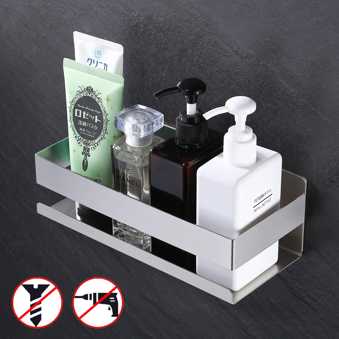 Laundry Room Storage & Decoration Floating Shelves Stainless Steel No Drilling Shower Rack Holder Caddy Basket Shelf for Shampoo