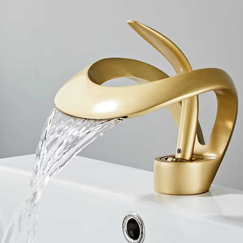 Design Bathroom Basin Faucet Hot And Cold Mixer Sink Taps Deck Mounted Brass Waterfall Wash Basin Faucet