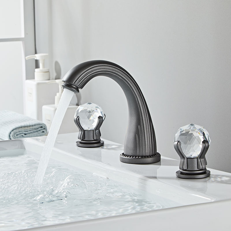 Matte Black Widespread Waterfall Bathroom Sink Faucet Two Crystal Handle Three Hole Lavatory Faucet 8-16 Inch Basin Mixer Tap