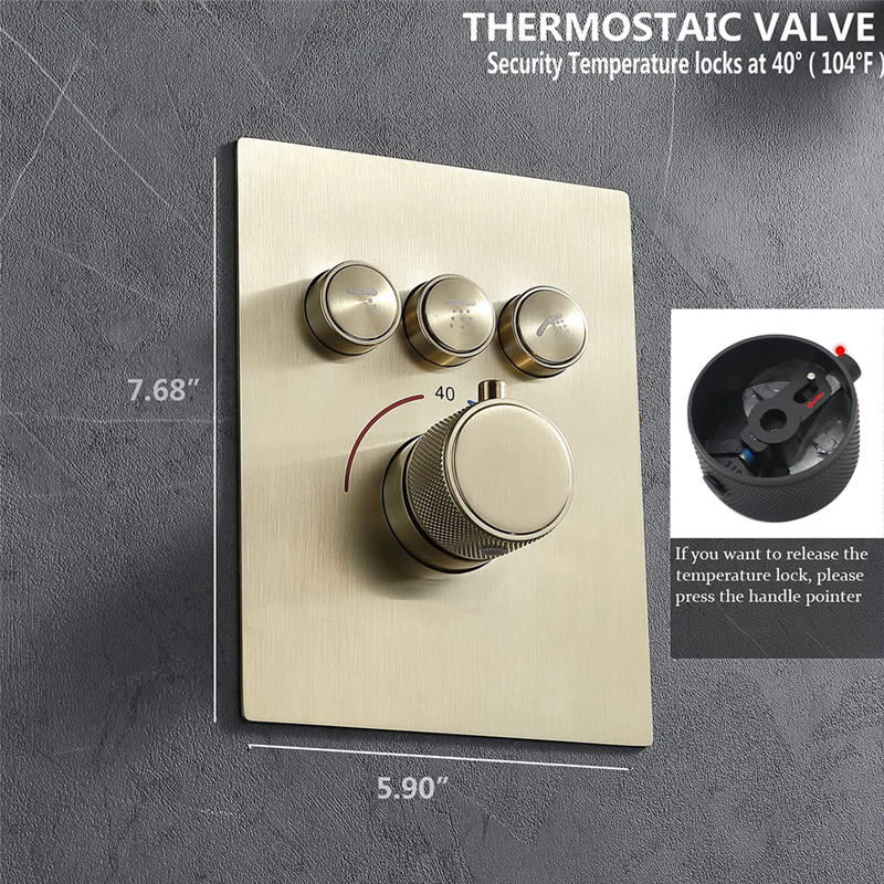 Modern Concealed Brass 3 way thermostatic mixing valve Push-Button Shower Diverter Valve