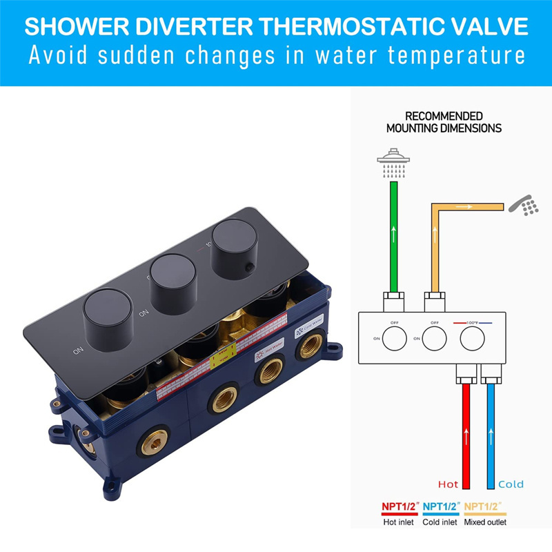 3 Handle Multi Function Brass 2 Way Shower Diverter Thermostatic Concealed Mixing Valve with Tempered Glass Panel