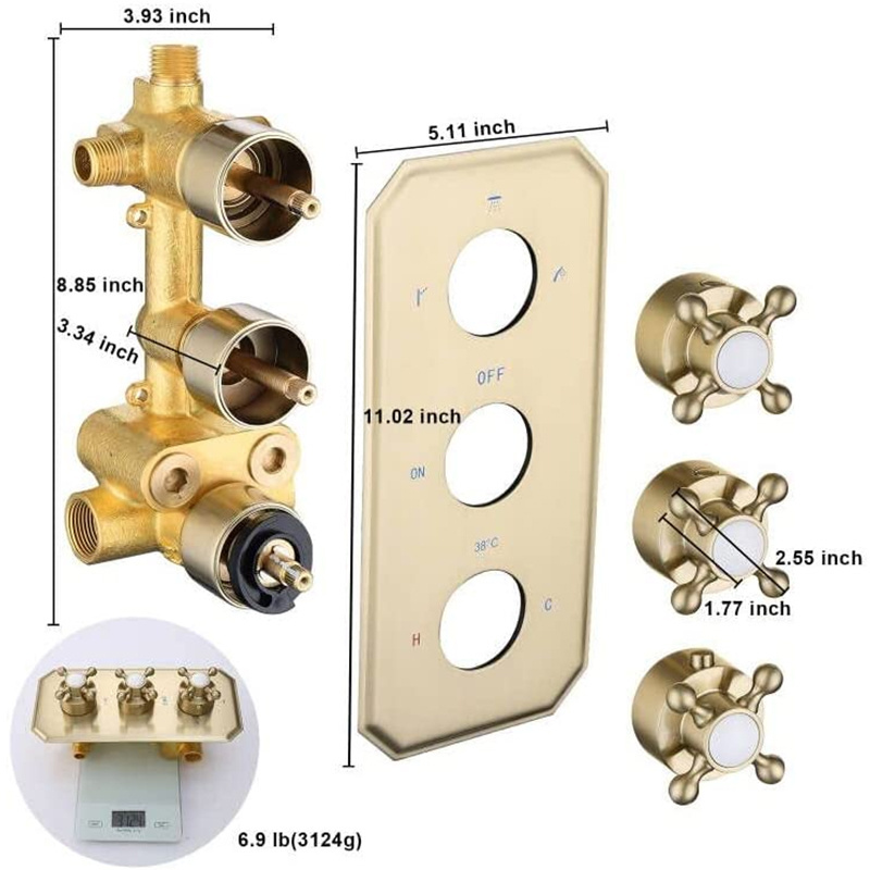 Brushed Gold Solid Brass 3 Way Thermostatic Shower Diverter Mixing Valve Trim Kit 3 Handles Shower Mixer Valve