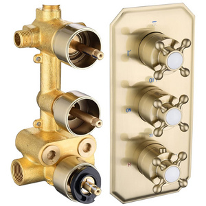 Brushed Gold Solid Brass 3 Way Thermostatic Shower Diverter Mixing Valve Trim Kit 3 Handles Shower Mixer Valve