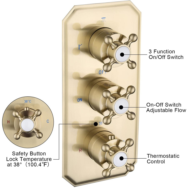 Brushed Gold Solid Brass 3 Way Thermostatic Shower Diverter Mixing Valve Trim Kit 3 Handles Shower Mixer Valve