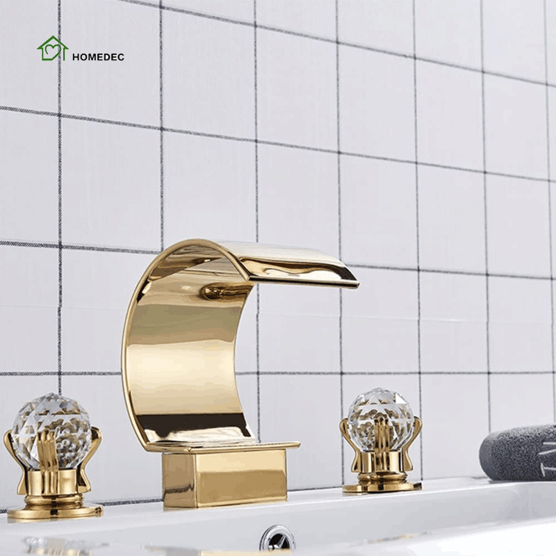 Upwards Widespread Gold Rozin Arc Waterfall Spout Bathtub Filler Faucet 2 Crystal Knobs Vanity Basin Mixer Tap