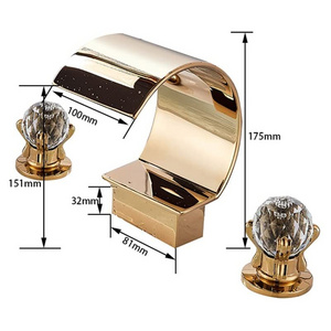 Upwards Widespread Gold Rozin Arc Waterfall Spout Bathtub Filler Faucet 2 Crystal Knobs Vanity Basin Mixer Tap