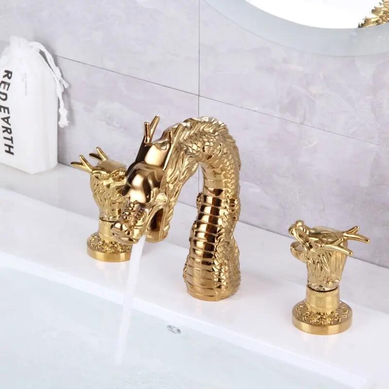 Luxury Artistic Hotel High Quality Dragon Three hole Deck Mounted with Crystal Knob Basin Faucet