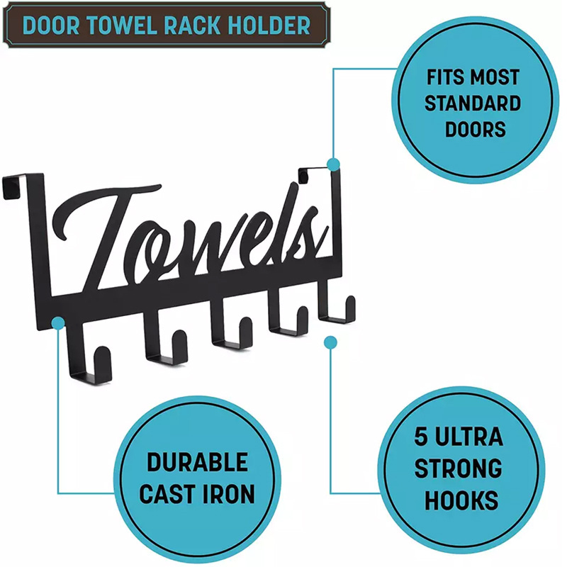 Over The Door Hooks Hanger -5 Hooks Black on the Door Coat Rack for Hanging Clothes Hat Towel holder bathroom