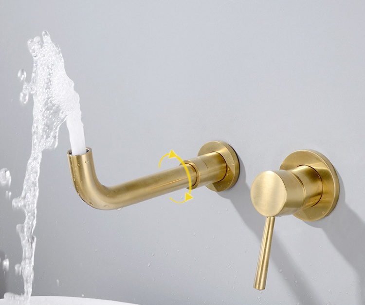 Hot new products 2019 brass brushed 2 hole taps wall mounted gold basin mixer faucet bathroom