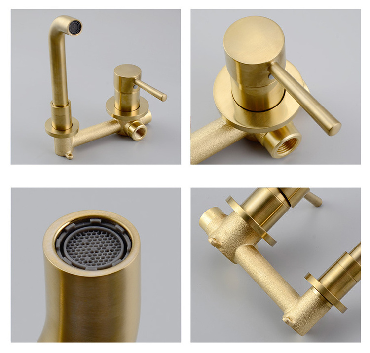 Hot new products 2019 brass brushed 2 hole taps wall mounted gold basin mixer faucet bathroom