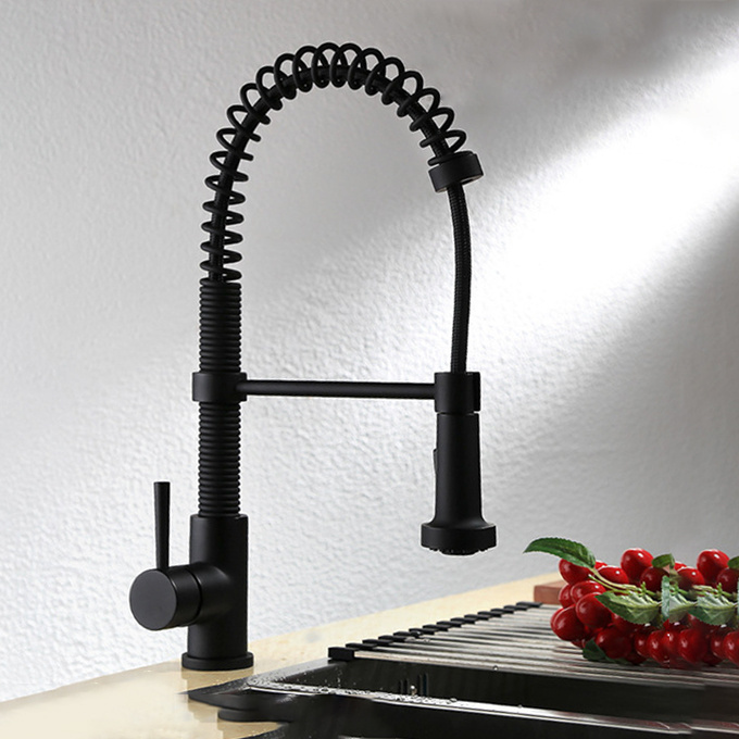 2019 Made in china products Kitchen Sink Faucet Single Handle Solid Brass Matte Black tap kitchen faucet pull out spray head