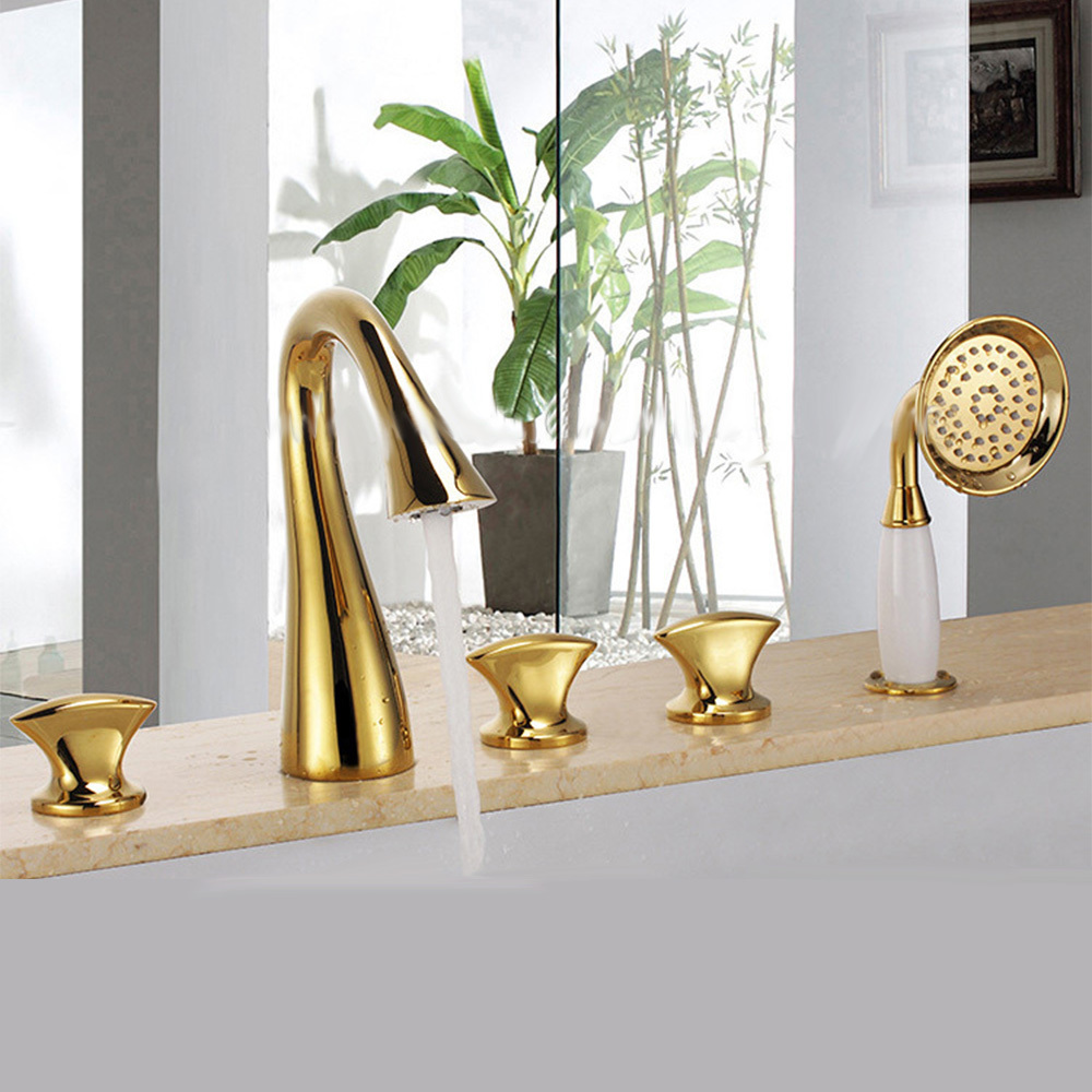 Artistic design Floor Stand Faucets brass gold dragon faucet with hand shower head bathtub faucet