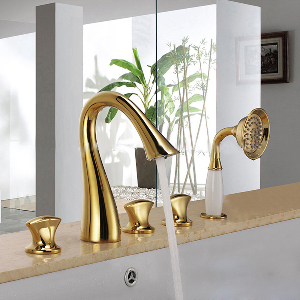 Artistic design Floor Stand Faucets brass gold dragon faucet with hand shower head bathtub faucet