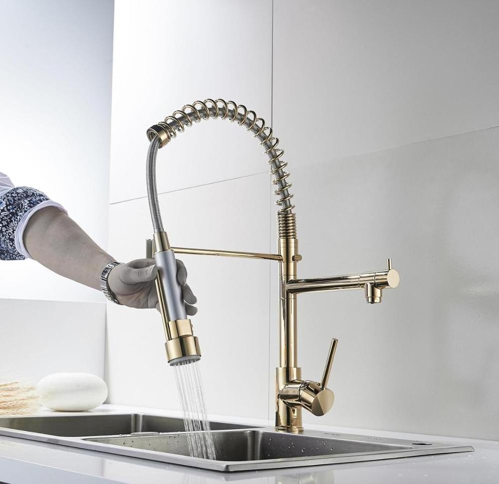 2019 Homedec Gold Pull Down Kitchen Tap  Luxury brass Gold Pull Down Kitchen Faucet Full Brass Kitchen Deck Mounted Tap