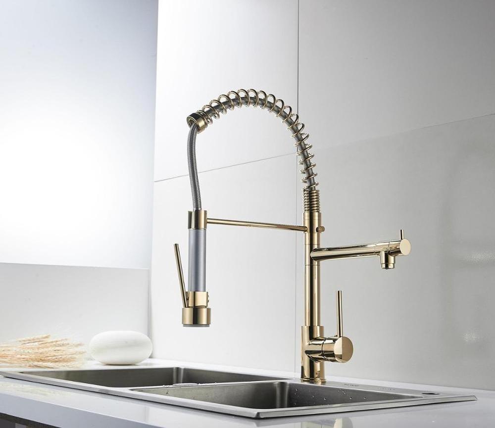 2019 Homedec Gold Pull Down Kitchen Tap  Luxury brass Gold Pull Down Kitchen Faucet Full Brass Kitchen Deck Mounted Tap