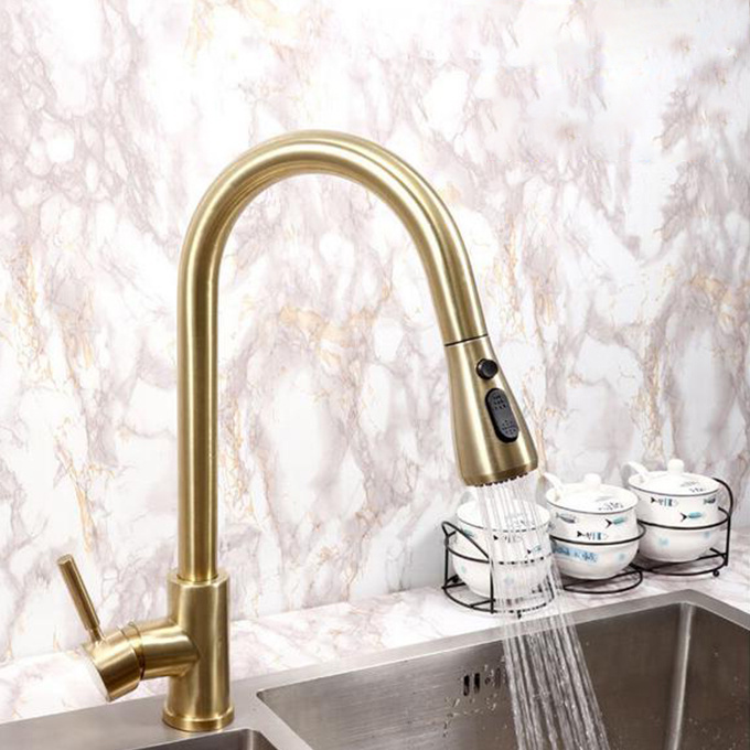 2019 Homedec Commercial Single Handle deck mount  High Arc Brushed Gold tap SUS304 Pull out Kitchen Faucet