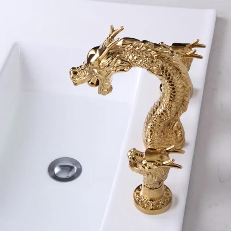 Luxury Artistic Hotel High Quality Dragon Three hole Deck Mounted with Crystal Knob Basin Faucet