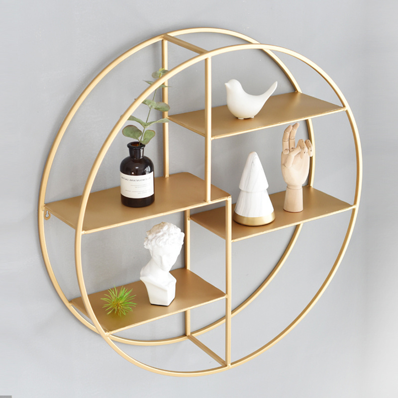 Hot Sale Round Gold wood Plant Flower Pot Stand bathroom decoration shelves wall mounted set wall metal shelf home decor