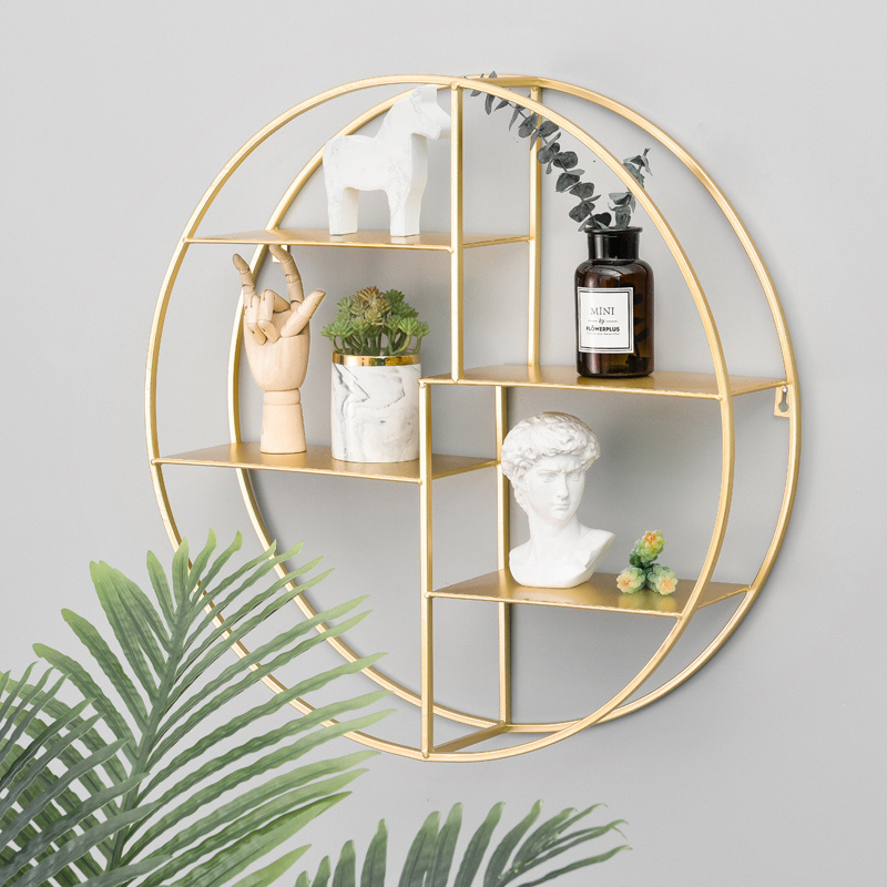 Hot Sale Round Gold wood Plant Flower Pot Stand bathroom decoration shelves wall mounted set wall metal shelf home decor