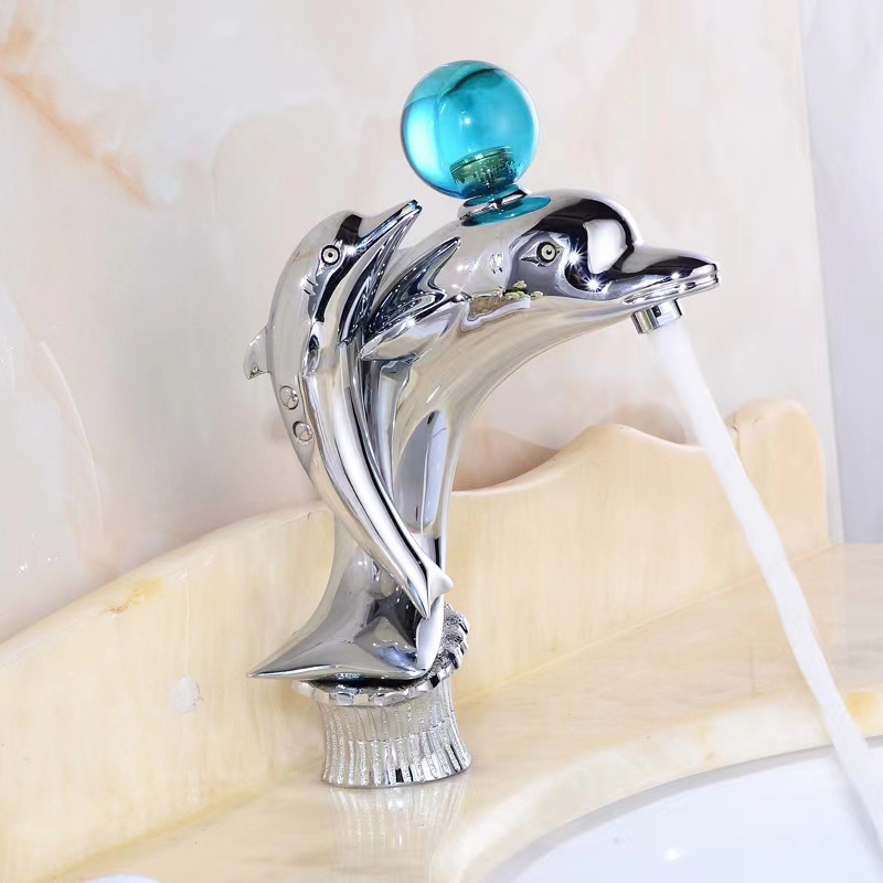 Single Hole Dolphin Design Antique Luxury Brass With Crystal Handle Basin Faucet Tap