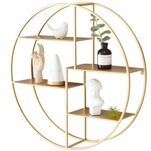 Hot Sale Round Gold wood Plant Flower Pot Stand bathroom decoration shelves wall mounted set wall metal shelf home decor