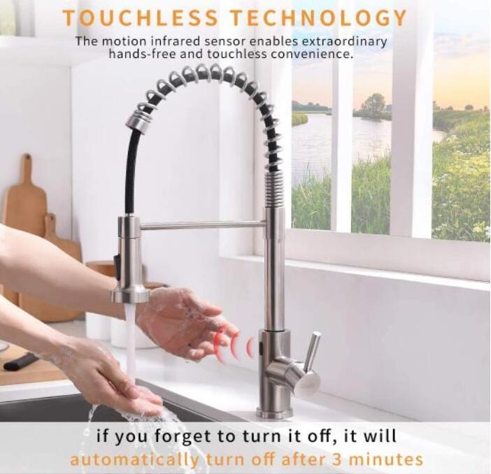 Brushed Nickel Kitchen Faucet with Pull Down Sprayer, Sensor Smart Hands-Free Activated Single Hole Spring Faucet for Kitchen