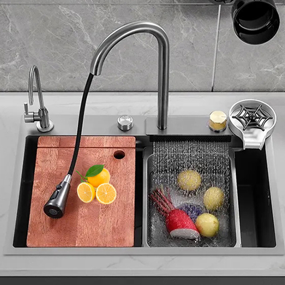 Multifunction Black Undermount Modern Waterfall Smart Kitchen Sinks Stainless Steel Modern Pull Out Faucet