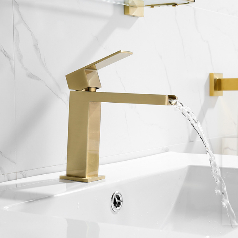 Guangdong luxury brass waterfall Brushed Gold basin faucet for bathroom