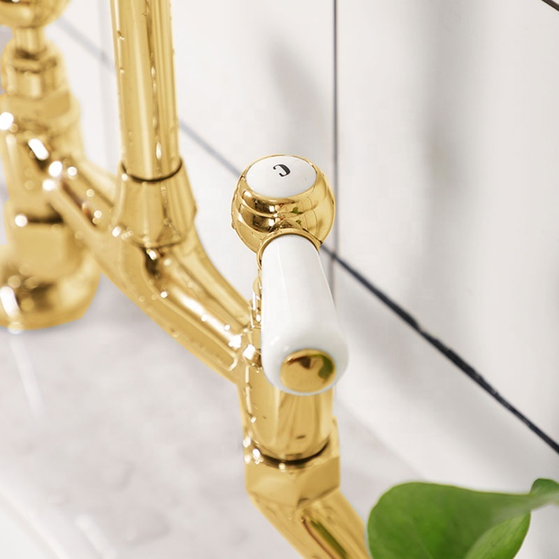 European high quality copper gold double hole double lever hot and cold sink taps rotatable kitchen faucet