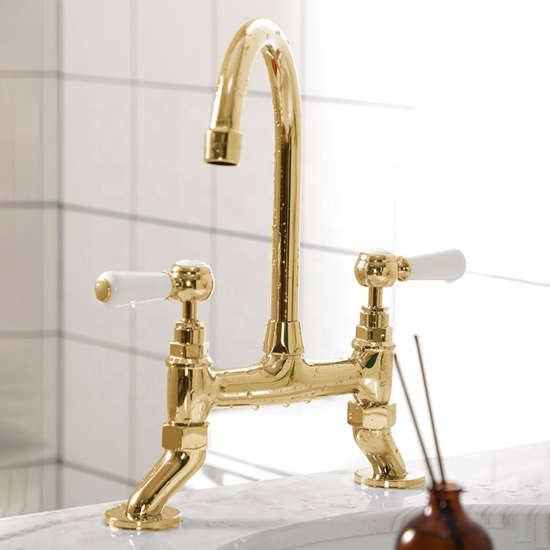 European high quality copper gold double hole double lever hot and cold sink taps rotatable kitchen faucet