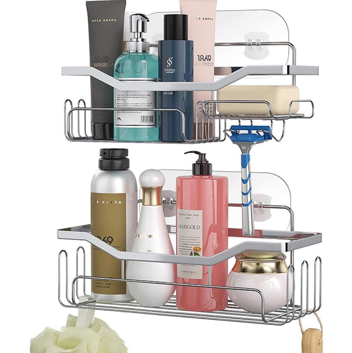 No Drilling Rustproof SUS304 Stainless Steel 2-pack Mesh Bathroom Shower Caddy Basket Adhesive Shelf with Hooks