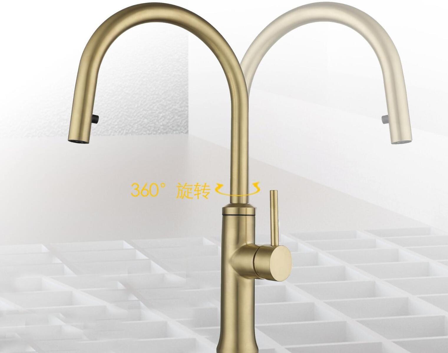 Brushed Gold Kitchen Faucets with Pull-Down Sprayer, Modern Stainless Steel Single Handle Pull Down Kitchen Sink Faucet