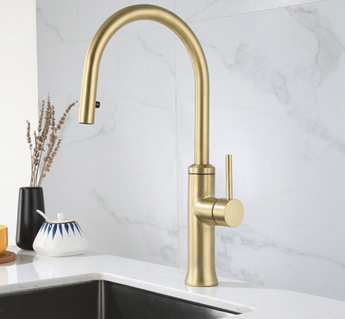 Brushed Gold Kitchen Faucets with Pull-Down Sprayer, Modern Stainless Steel Single Handle Pull Down Kitchen Sink Faucet