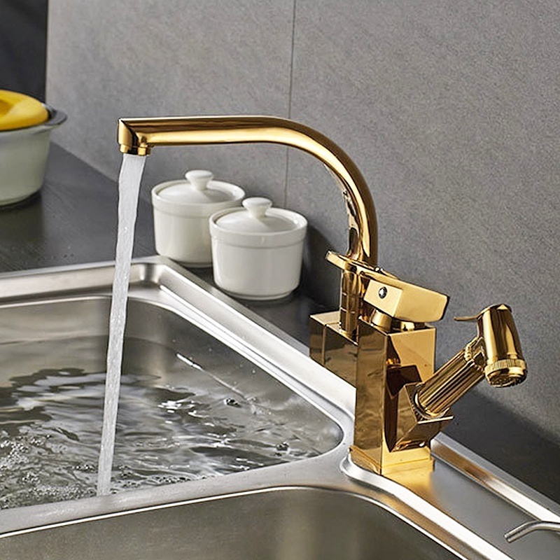 Classic Single Hole water tap Pull Down Kitchen Golden Faucet with bidet Spray Gun