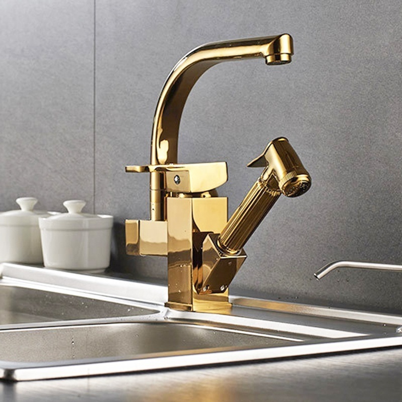 Classic Single Hole water tap Pull Down Kitchen Golden Faucet with bidet Spray Gun