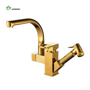 Classic Single Hole water tap Pull Down Kitchen Golden Faucet with bidet Spray Gun