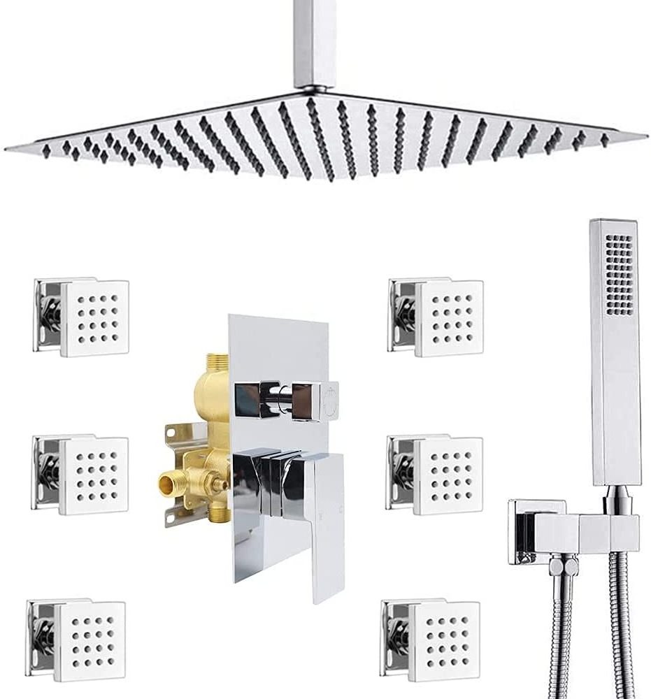 16-inch ceiling shower set  6 body nozzles and brass hand shower, shower faucet pressure balance mixing valve